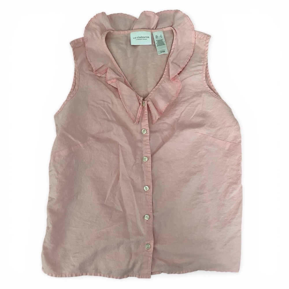 Liz Claiborne Pink Ruffle Collar Sleeveless Button-Front Blouse Top Small Linen